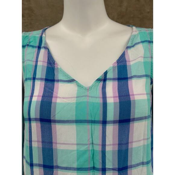 ana A New Approach Top Womens Medium Blue Purple Plaid Ruffle Sleeveless V-Neck - Picture 2 of 9